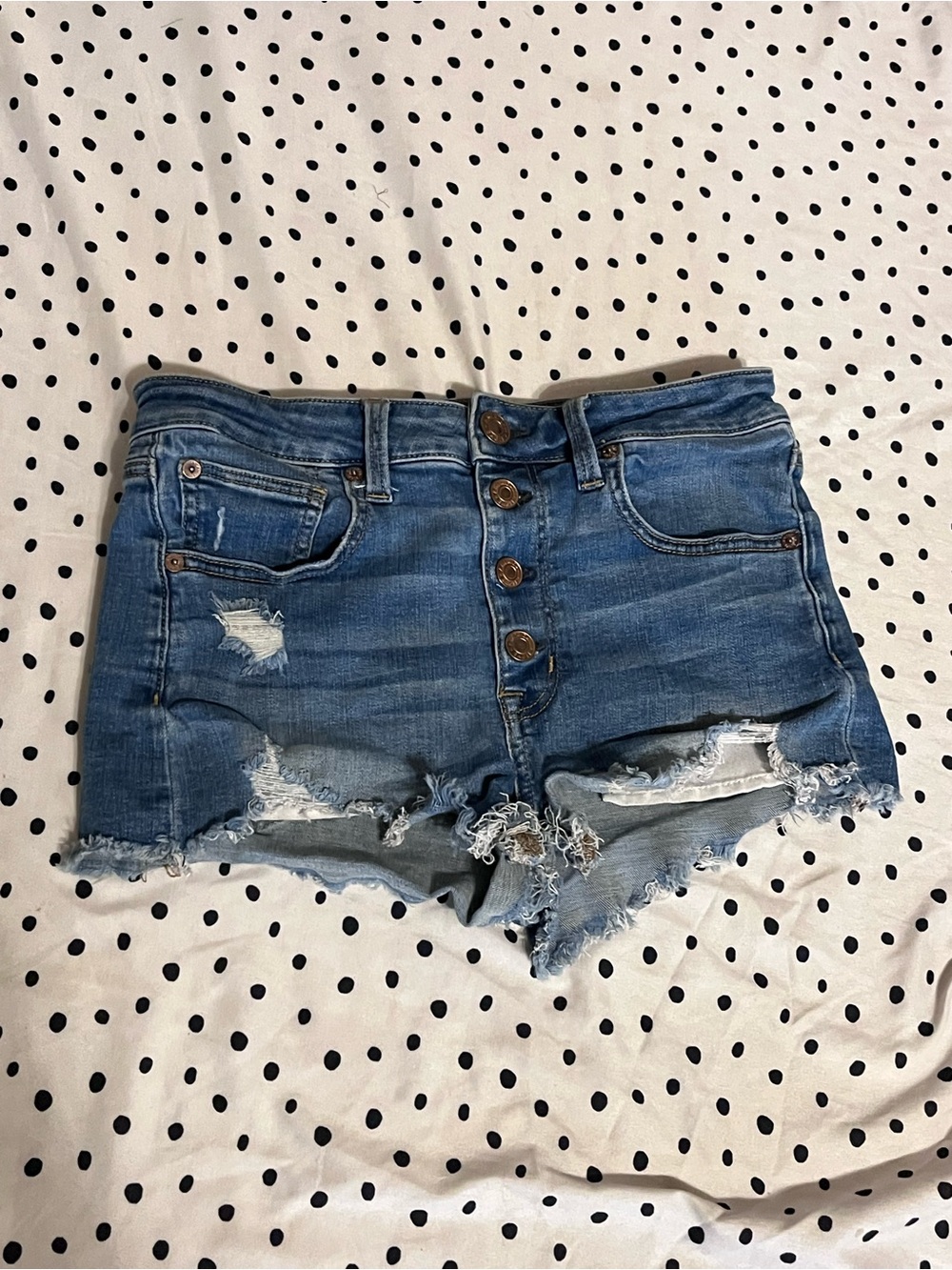 American Eagle Outfitters Distressed Button-Front Denim Shorts in Blue